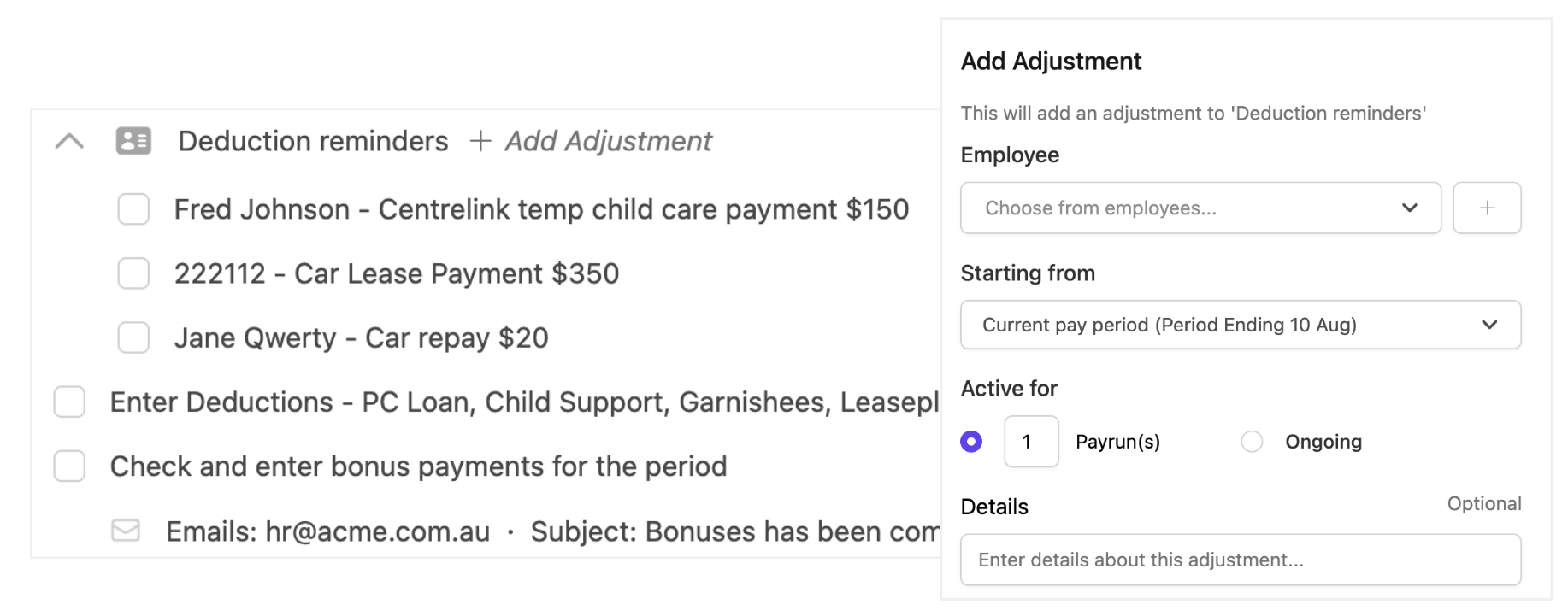 Configuring employee adjustments in Paytools