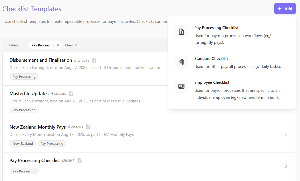 Checklist template types in Paytools