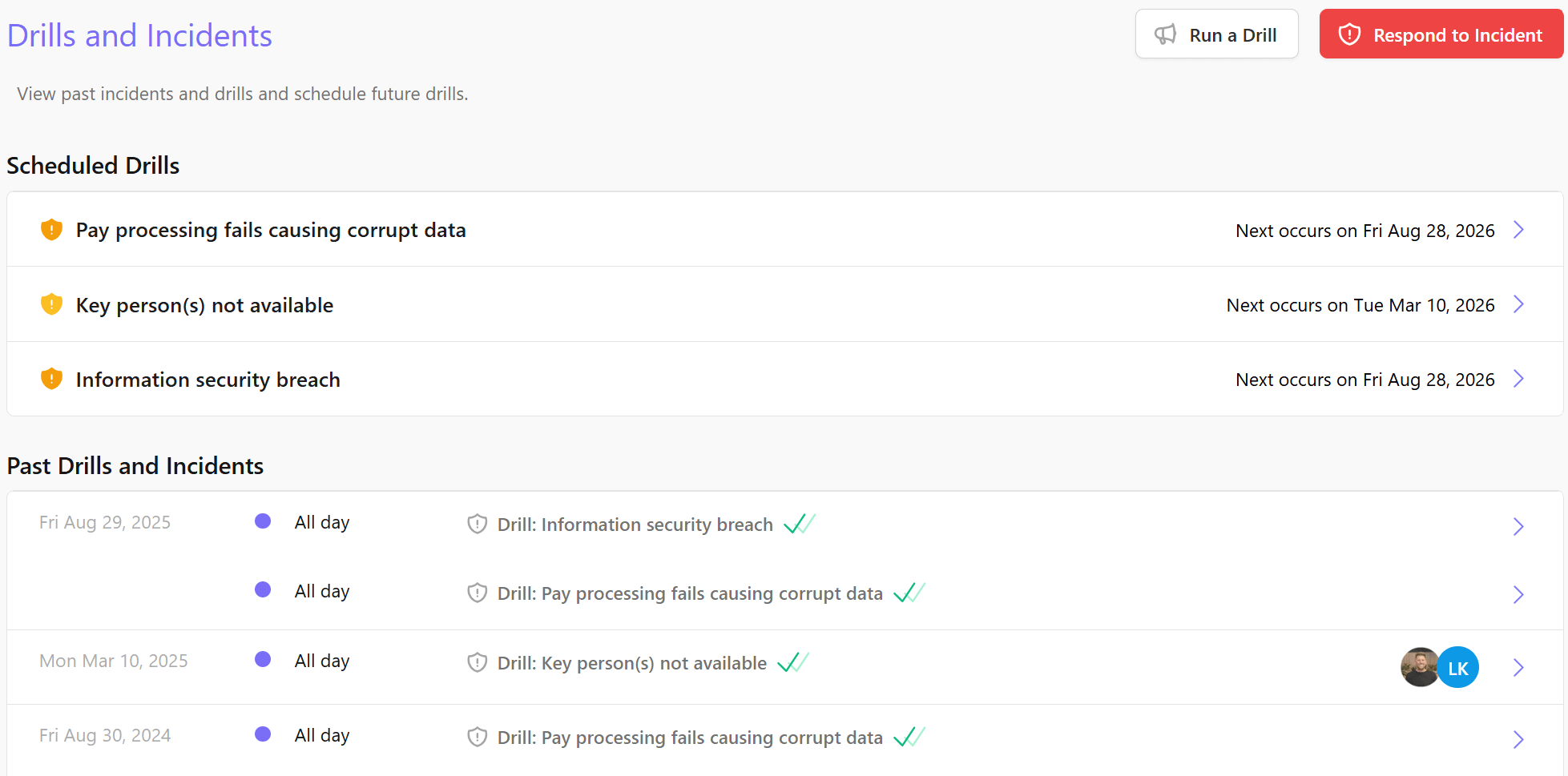 Scheduled drills view in Paytools